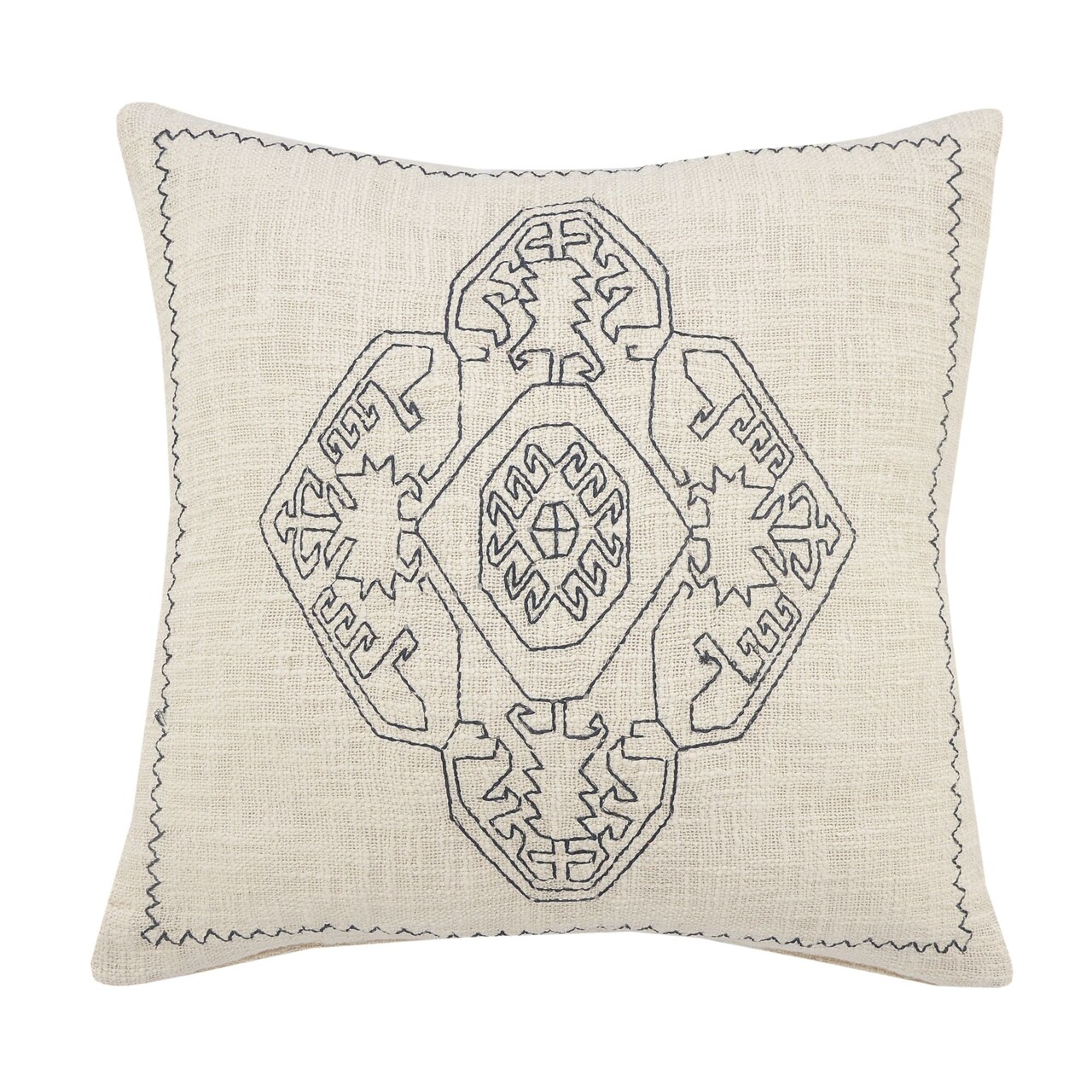 Laddha Home Designs 20" Blue and Off White Embroidered Damask Medallion Square Throw Pillow